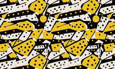 Seamless Abstract Memphis Grunge Pattern, Yellow and Black Spotted Geometric Vector Background