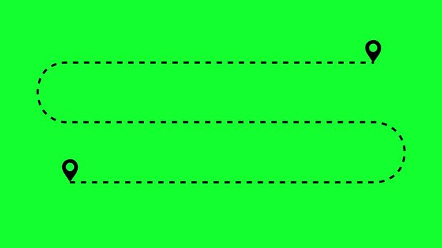 map pointer icon two location points, animated footage looping in green screen. Two location pin icon animations connected by dotted path. 4K animated for map visuals, navigation, and presentations.