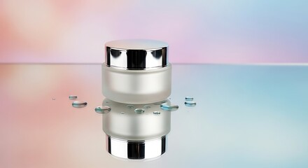 Elegant Cosmetic Jar with Water Droplets Reflecting Light on a Soft Gradient Background for Product Presentation.