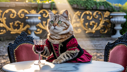 - Cat toasting with wine in velvet dress against ornate garden backdrop