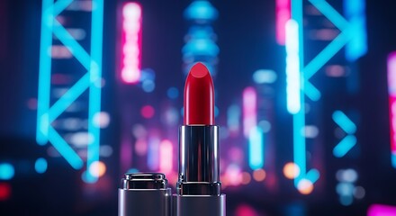 Elegant red lipstick with silver casing illuminated by vibrant city lights on a dark background.