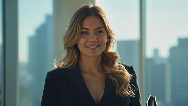 Mujer Ejecutiva sosteniendo carpeta frente a ventana con vista urbana