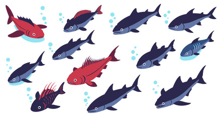 Colorful cartoon fish collection with bubbles in minimalist style