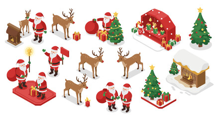Festive isometric santa with reindeer and gifts for christmas decorations