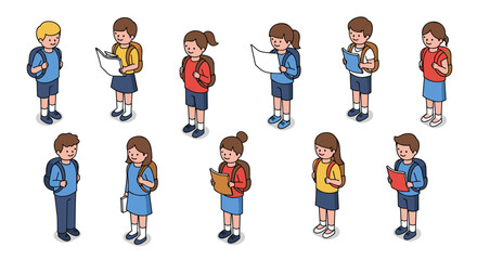 Isometric school kids reading and talking in uniforms with backpacks