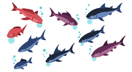 Colorful cartoon fish collection with bubbles