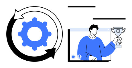 Gear with circular arrows representing process improvement alongside a person holding a trophy symbolizing success and achievement. Ideal for workflow management, productivity, teamwork, leadership