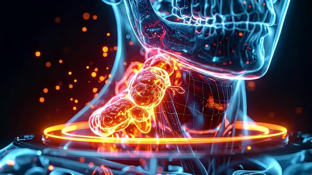 Human Anatomy with Inflamed Tissue Around Neck Glowing Science Visualization