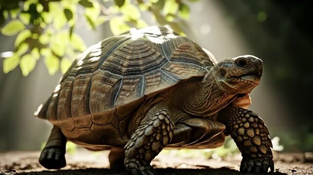 Cinematic tortoise strolls in sunlight, a serene nature moment captured beautifully