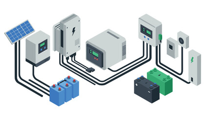 Fototapeta na wymiar Innovative energy solutions with connected solar panels and battery systems in d isometric style