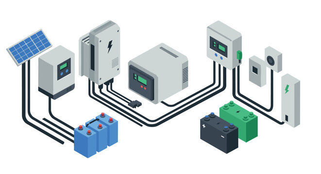 Innovative energy solutions with connected solar panels and battery systems in d isometric style
