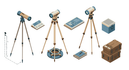 Isometric telescope set with tripods, books, and storage boxes