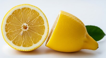 Fresh Cut Yellow Lemon Citrus Fruit with Leaf: Bright, Juicy Ingredient Detail on White Background.