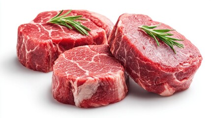 Obraz premium Fresh raw filet mignon steaks with rosemary sprigs on a white background