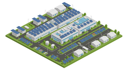 Sustainable isometric cityscape with solar panels and green technology