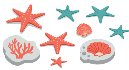 Obraz premium Colorful marine life: starfish and shells in modern flat design