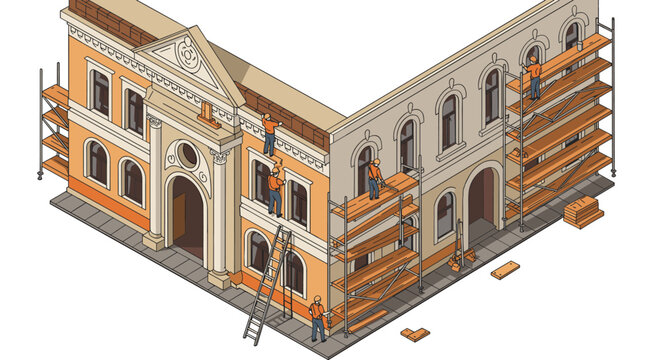 Historic building renovation isometric scene with construction workers