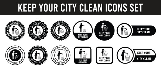 keep your city clean sign, logo, badge, icon, sticker, label, emblem, stamp. Man throwing garbage symbol simple design, Throw trash vector symbol for cleanliness, Waste disposal icon for smart city