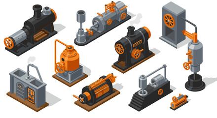 Isometric vintage steam machines collection with industrial components and details