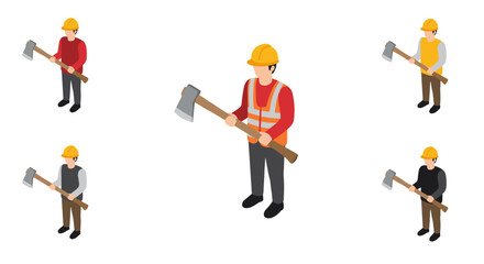Isometric construction worker holding axe with safety gear in various poses