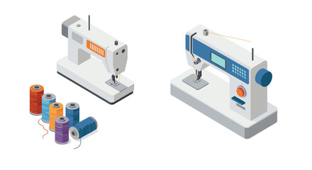 Modern sewing machines with colorful thread set in isometric view