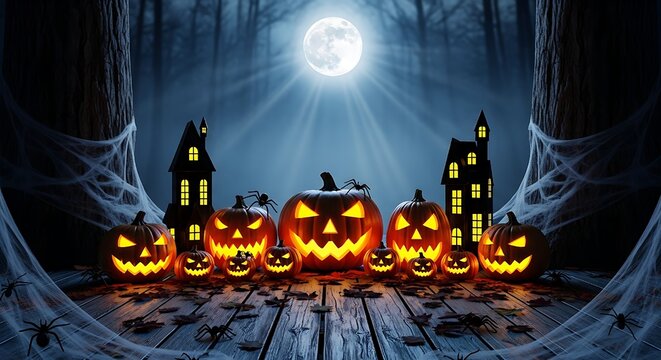 Spooky halloween background with empty wooden planks,backdrop of haunted-looking houses, shadowy trees draped with cobwebs, and a bright, mystical full moon. - Powered by Adobe