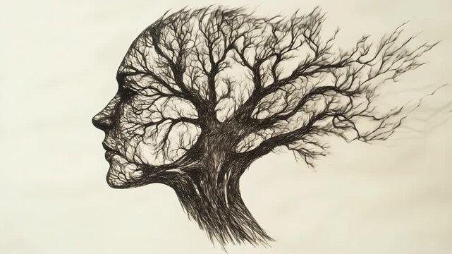 A surreal merging of a human profile with branching trees forms a vision of thought and nature alive