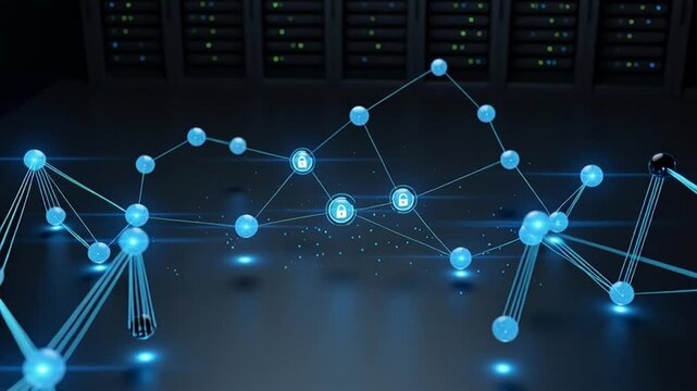 Futuristic digital data network with glowing nodes connecting in a server room background representing global technology - Powered by Adobe