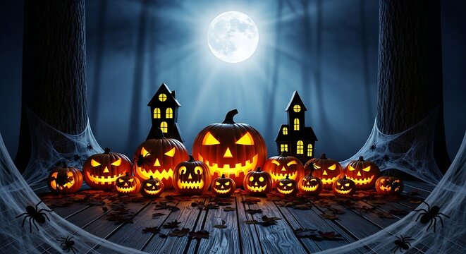 Spooky halloween background with empty wooden planks,backdrop of haunted-looking houses, shadowy trees draped with cobwebs, and a bright, mystical full moon.