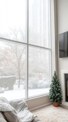 Fototapeta premium A cozy indoor scene features a plush armchair and a small decorated Christmas tree, with snow gently falling outside large windows