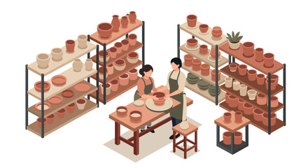 Pottery workshop scene with artisans crafting clay in an isometric studio