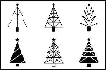 Stylized geometric christmas tree icon set with star toppers isolated on white background, Vector