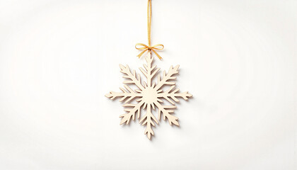 Wooden snowflake ornament with a golden ribbon on a white background, seasonal decoration
