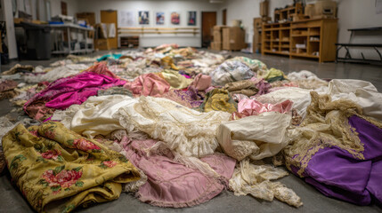 Vintage and antique fabric scraps scattered on a large workshop floor surrounded by shelves and tables with sewing and crafting supplies in an industrial studio setting