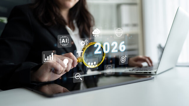 Digital icons, analytics symbols, and glowing number 2026 representing business goals, innovation, and market growth Parse - Powered by Adobe