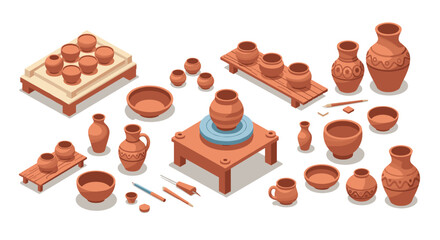 Isometric pottery workshop: clay vases, bowls, and tools in a creative studio setting