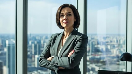 Confident businesswoman overlooking cityscape from modern office windows - Powered by Adobe