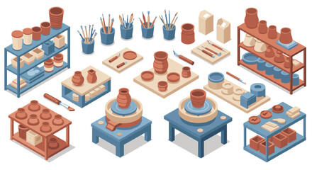 Isometric pottery workshop with equipment and supplies in soft pastels
