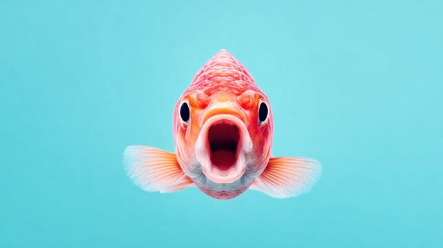 Close-up of a goldfish with its mouth wide open against a blue background