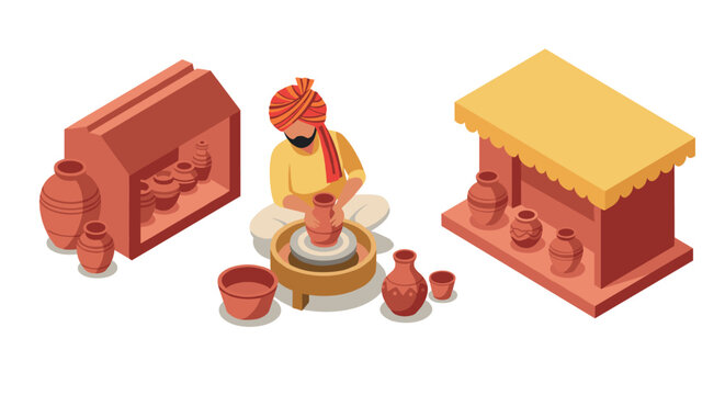 Isometric potter crafting clay pottery in traditional market scene