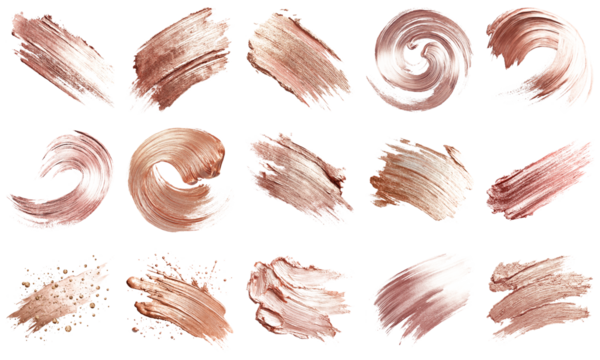 Explore a collection of artistic gold and rose paint strokes on a clean white background. These textures are perfect for design projects, adding elegance and modern flair.