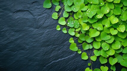 Lush green leaves with droplets of water rest against a dark slate background, creating a serene contrast, This image can be used for nature themes, wellness, gardening, or eco-friendly topics,