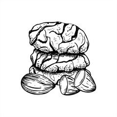 Nut cracked cookies and peeled almond vector isolated illustration painted by black inks. Traditional homemade sweet cookie etching drawing. Hand drawn biscuit stacked line art for Xmas menu, recipe