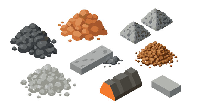 Isometric collection of building materials gravel, sand, rocks, bricks, and concrete