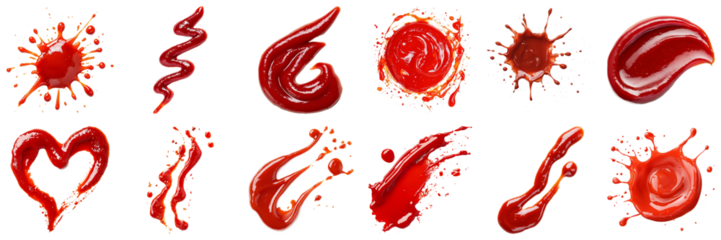 Explore a collection of vibrant tomato sauce stains and splashes, showcasing various shapes and textures perfect for culinary designs and food-related projects.