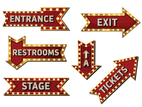 A collection of vintage red marquee light signs indicating various directions like entrance, exit, and stage.