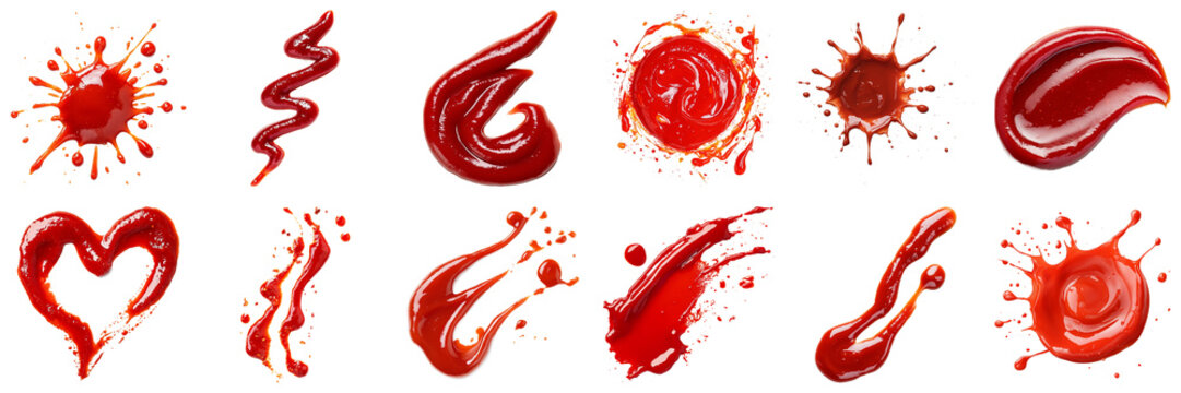 Explore a collection of vibrant tomato sauce stains and splashes, showcasing various shapes and textures perfect for culinary designs and food-related projects.