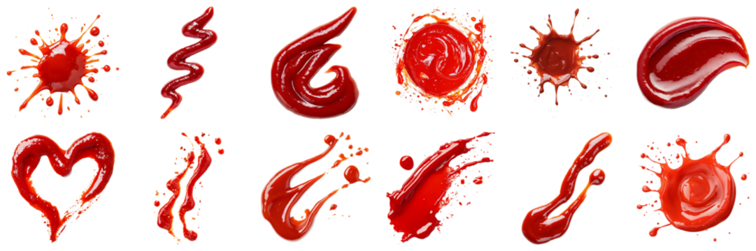 Explore a collection of vibrant tomato sauce stains and splashes, showcasing various shapes and textures perfect for culinary designs and food-related projects.