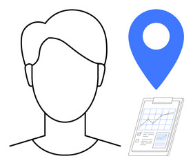 Minimalistic profile outline, blue location pin, analytical data on clipboard. Ideal for business, navigation, profile, analytics, planning location strategy visuals. Clean flat design metaphor