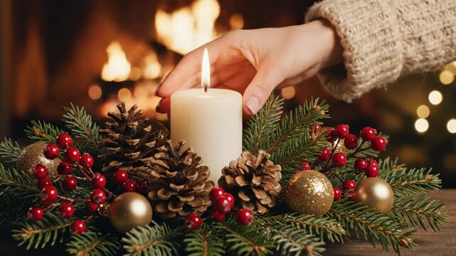 Womans hand lighting candle festive holiday decoration